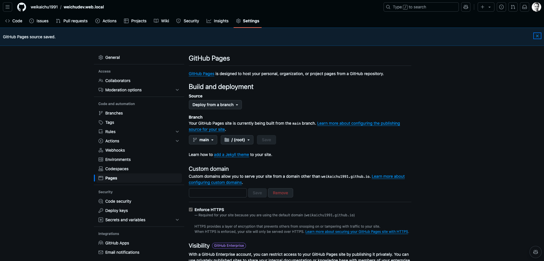 Github Page main portal to setup deploy branch