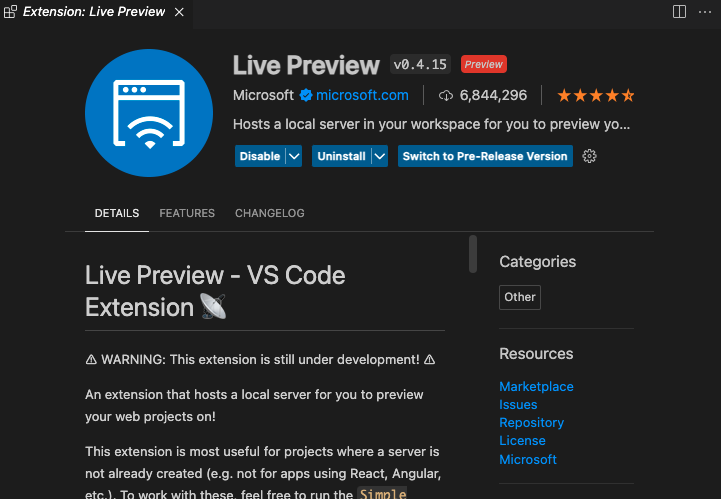 The screenshot of extension'Live Preview'